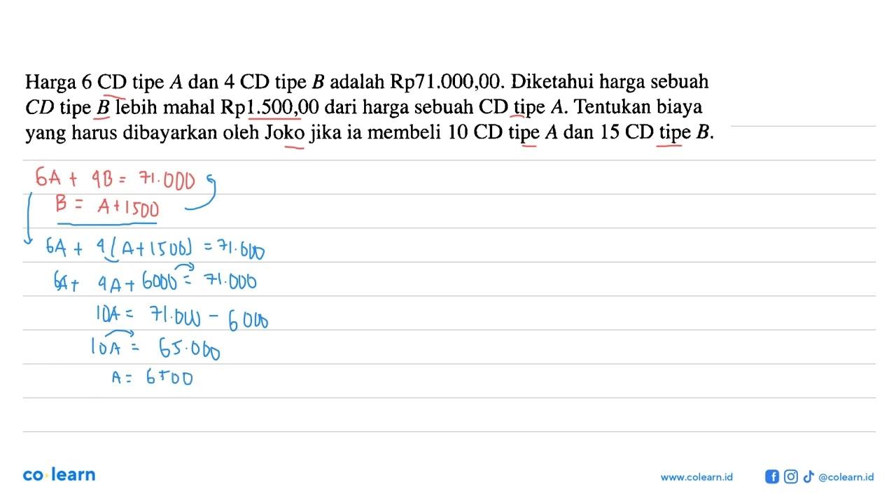 Harga 6 CD tipe A dan 4 CD tipe B adalah Rp 71.000,00.