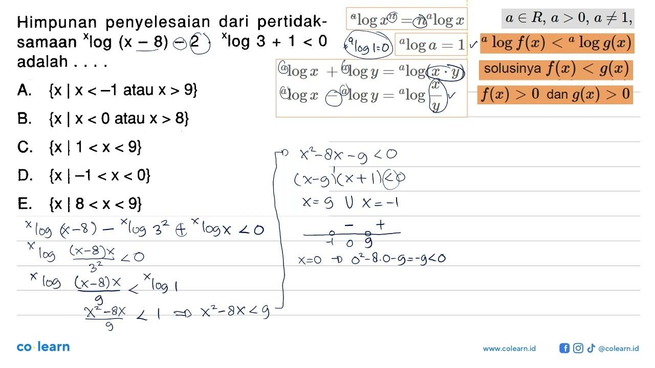 Himpunan penyelesaian dari pertidaksamaan xlog(x-8) - 2 .