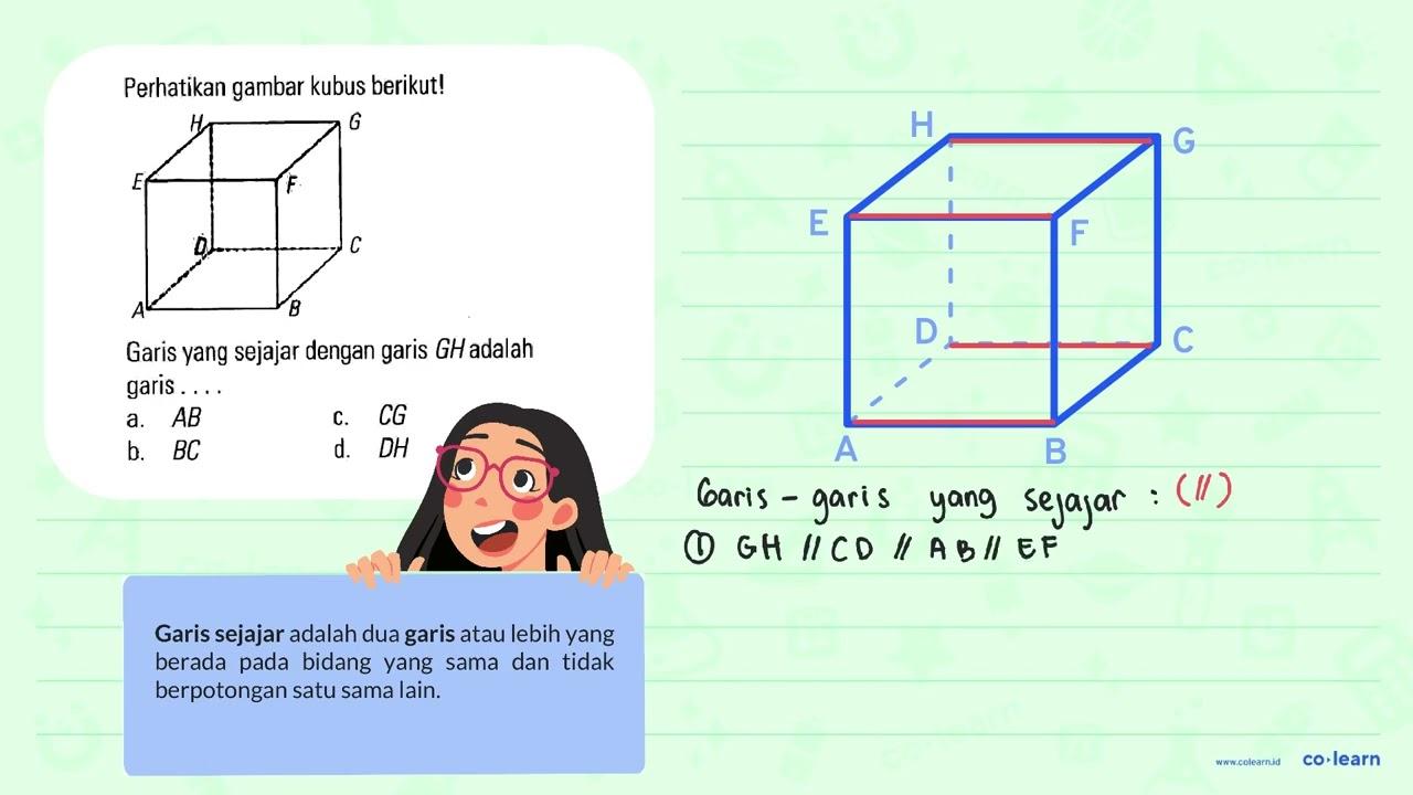 Perhatikan gambar kubus berikut! Garis yang sejajar dengan