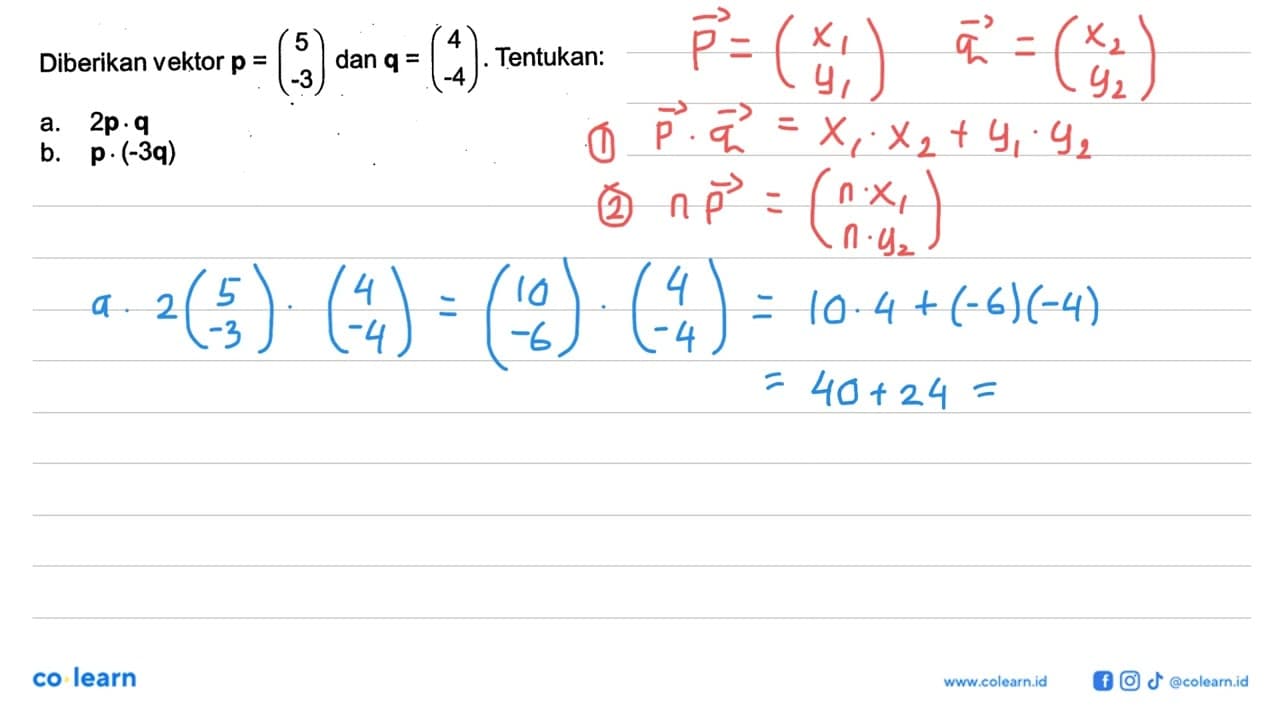 Diberikan vektor p=(5 -3) dan q=(4 -4). Tentukan:a. 2p.q b.