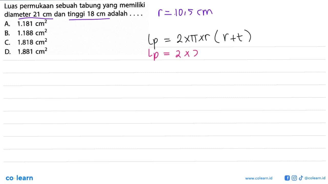 Luas permukaan sebuah tabung yang memiliki diameter 21 cm