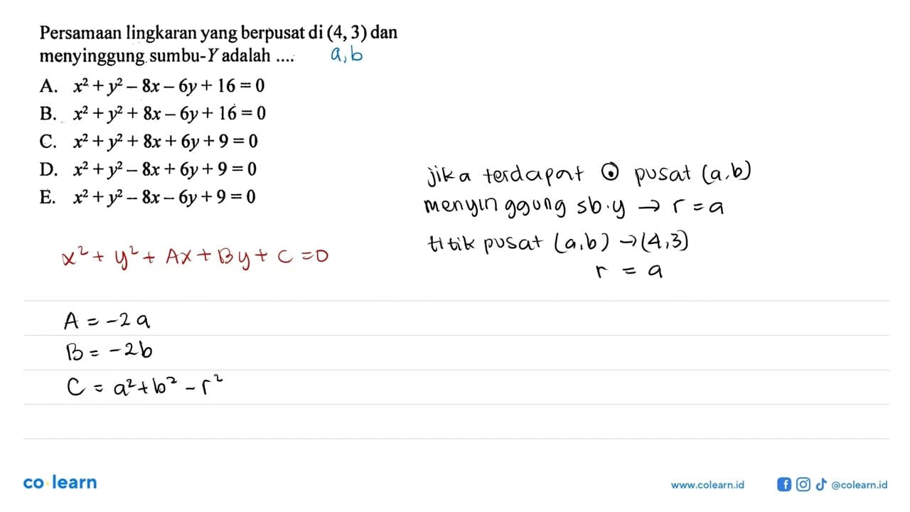 Persamaan lingkaran yang berpusat di (4,3) dan menyinggung