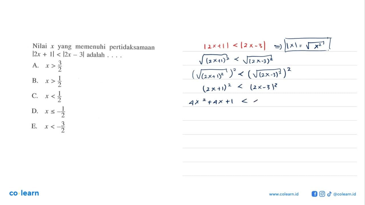 Nilai x yang memenuhi pertidaksamaan l2x + 1l<|2x-3| adalah