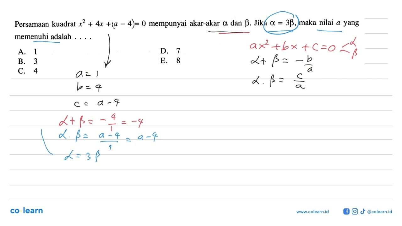 Persamaan kuadrat x^2 + 4x + (a - 4) = 0 mempunyai