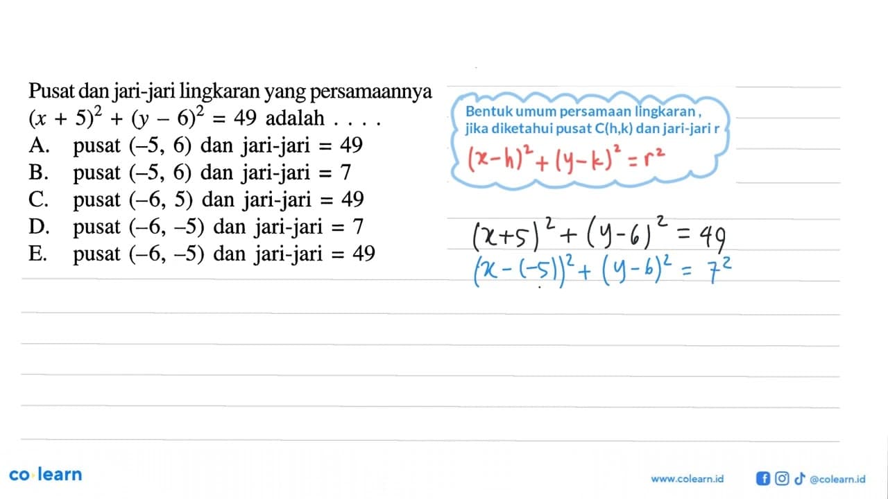 Pusat dan jari-jari lingkaran yang persamaannya