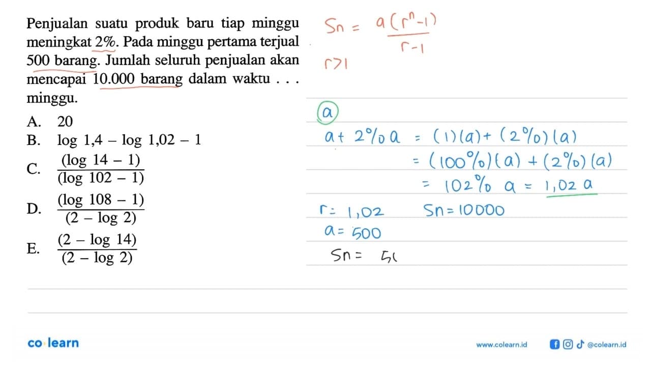 Penjualan suatu produk baru tiap minggu meningkat 2%. Pada