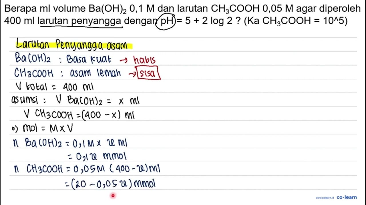 Berapa mL volume Ba(OH)2 0,1 M dan larutan CH3COOH 0,05 M