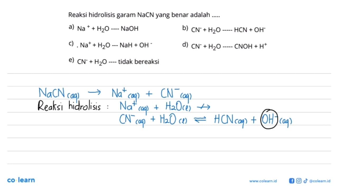 Reaksi hidrolisis garam NaCN yang benar adalah .... a) Na^+