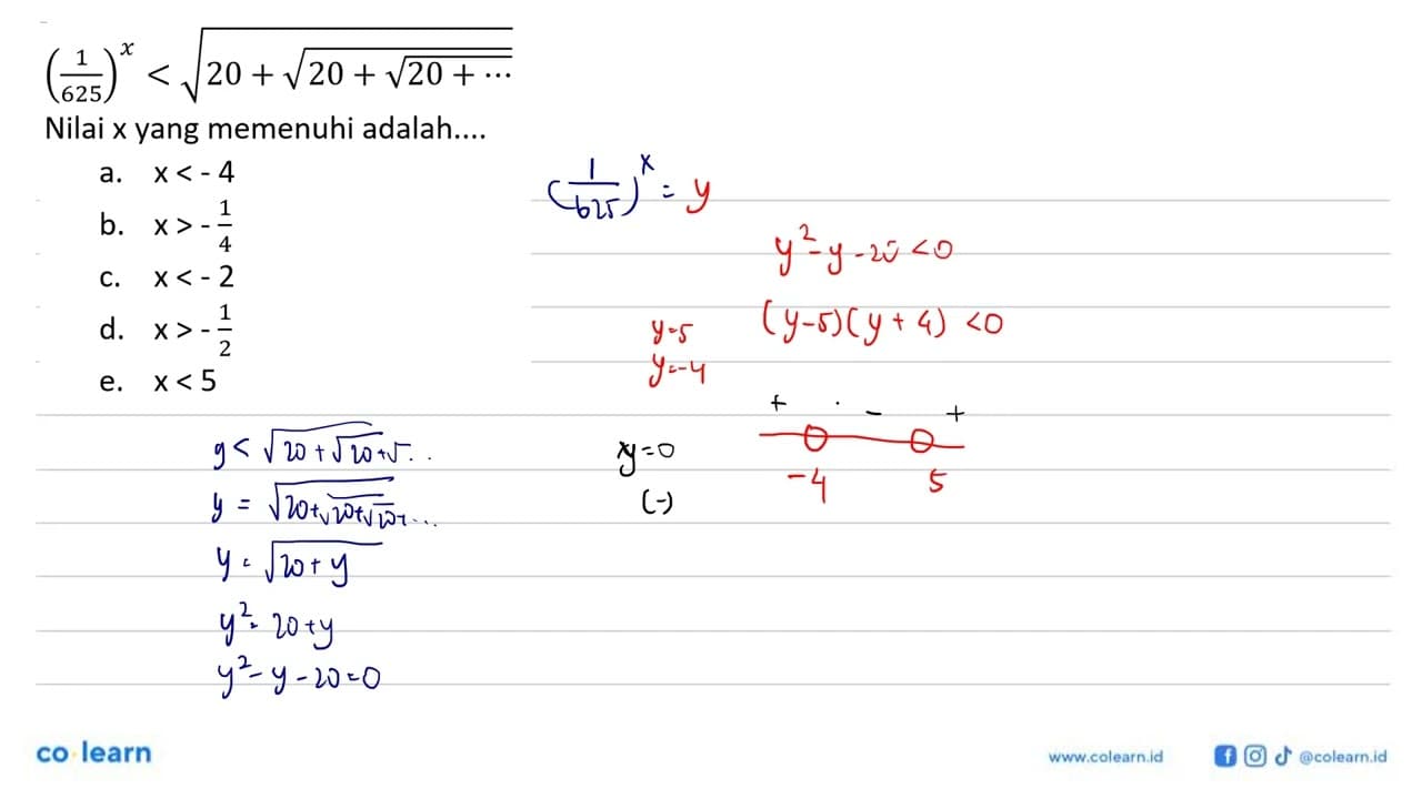 (1/625)^x < akar(20+akar(20+akar(20+...))) Nilai x yang