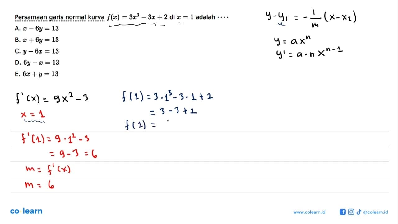 Persamaan garis normal kurva f(x) = 3x^3-3x+2 di x=1 adalah