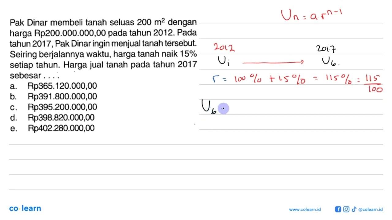 Pak Dinar membeli tanah seluas 200 m^2 dengan harga