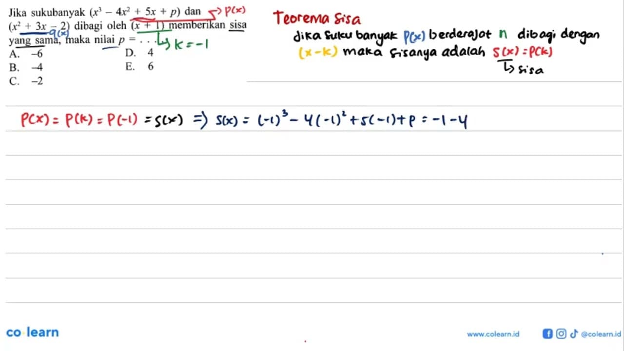 Jika sukubanyak (x^3-4x^2+5x+p) dan (x^2+3x-2) dibagi oleh