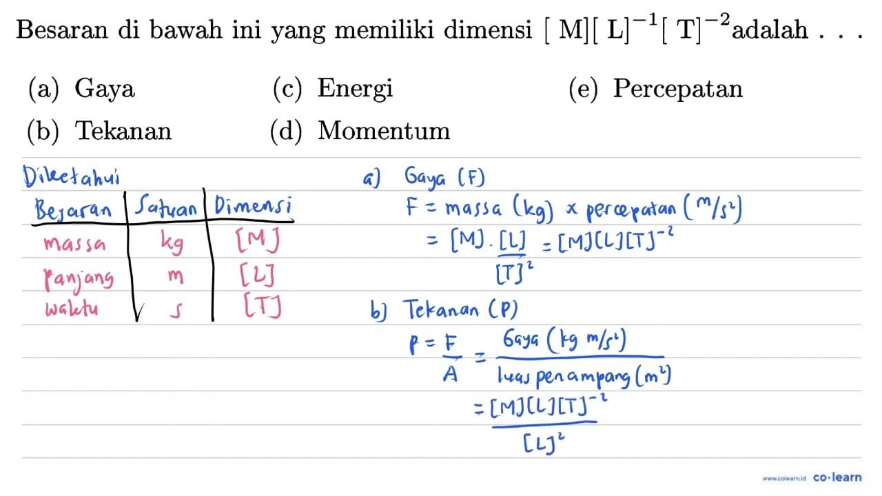 Besaran di bawah ini yang memiliki dimensi [M][L]^-1[T]^-2