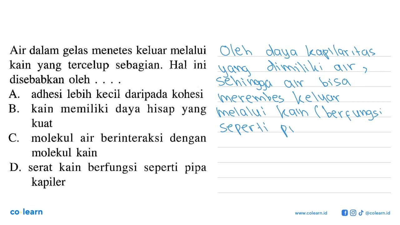 Air dalam gelas menetes keluar melalui kain yang tercelup