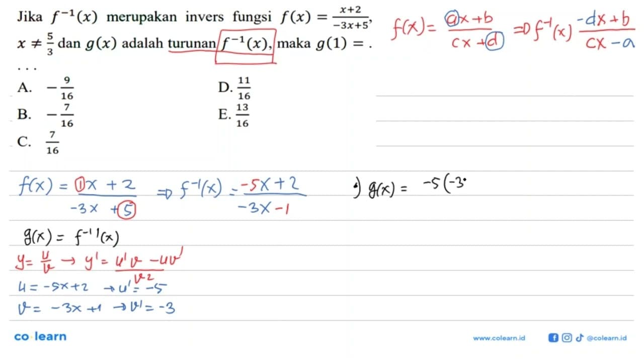 Jika f^-1(x) merupakan invers fungsi f(x)=(x+2)/(-3x+5) ,