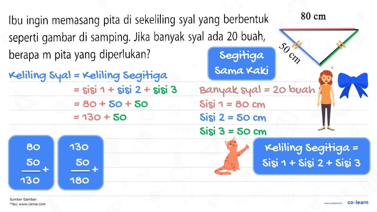 Ibu ingin memasang pita di sekeliling syal yang berbentuk