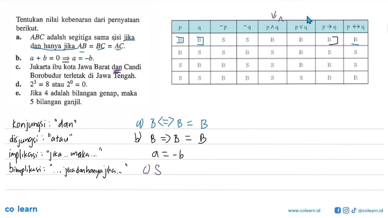 Tentukan nilai kebenaran dari pernyataan berikut. a. ABC