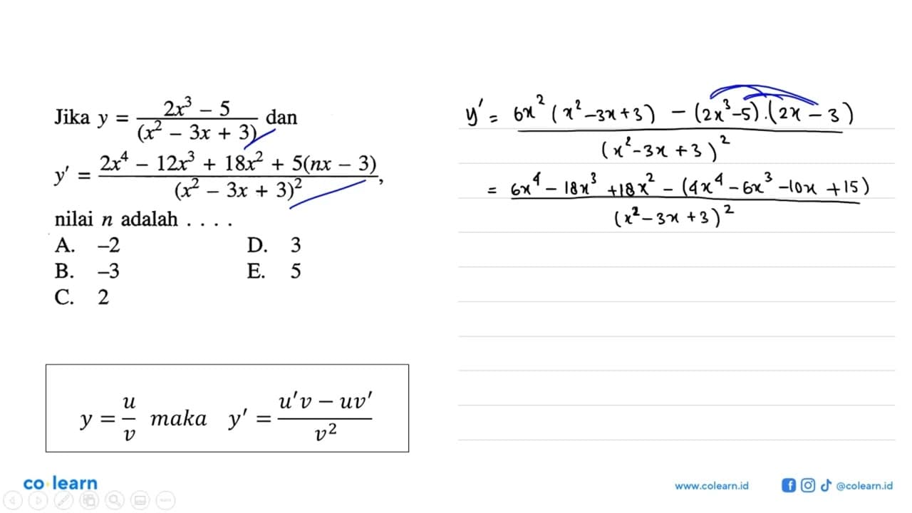 Jika y=(2x^3-5)/(x^2-3 x+3) dan