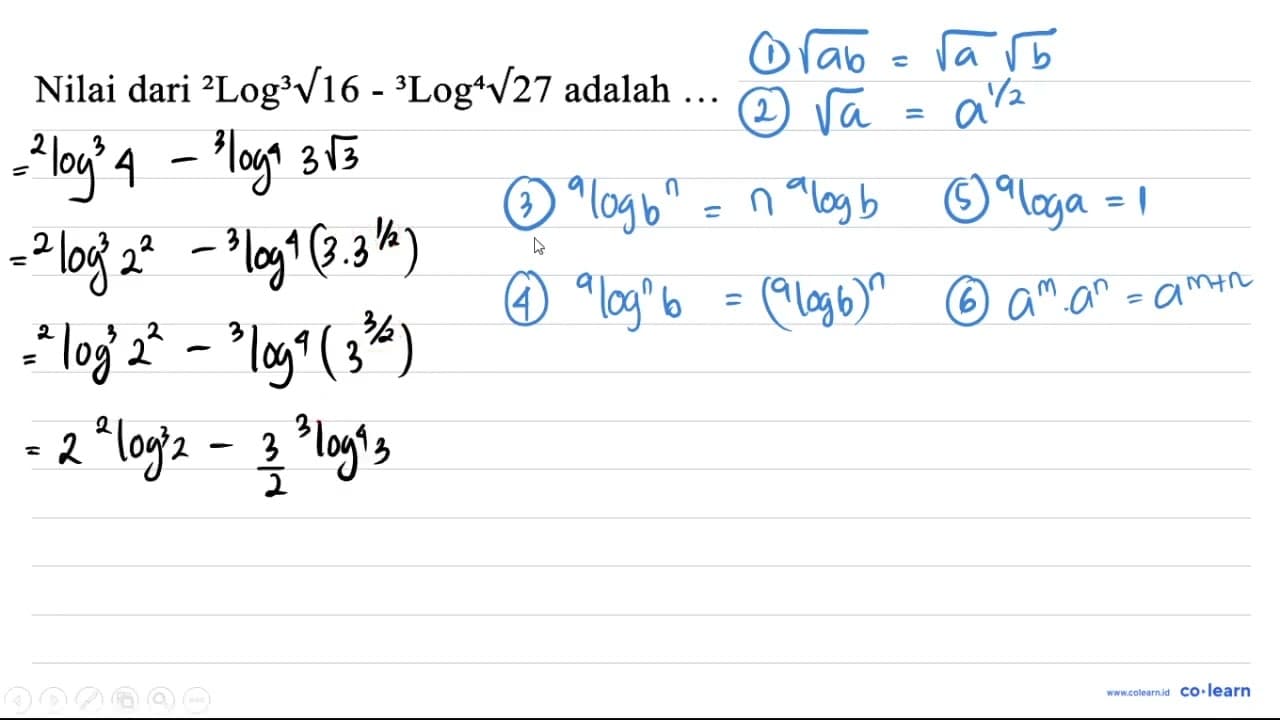 Nilai dari { )^(2) log ^(3) akar(16)-{ )^(3) log ^(4)