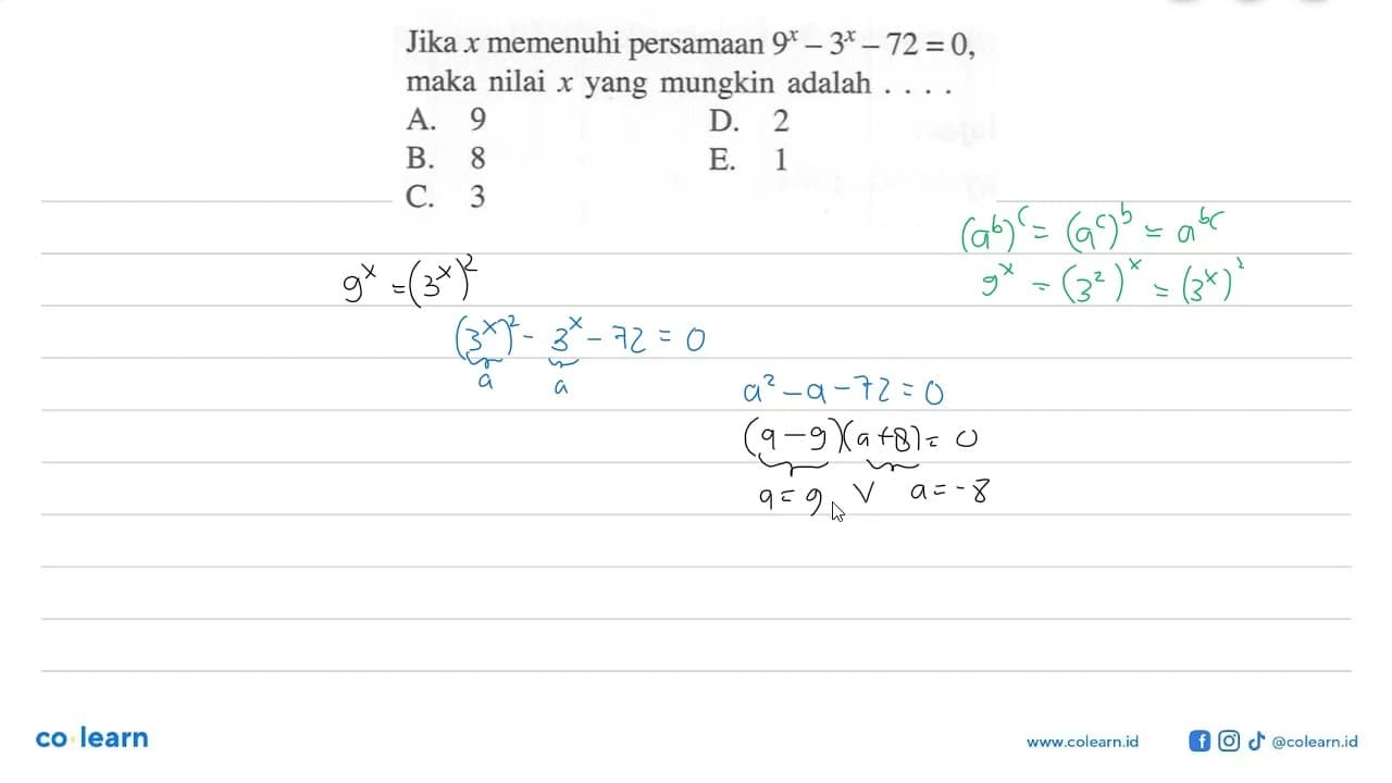 Jika x memenuhi persamaan 9^x-3^x-72=0, maka nilai x yang