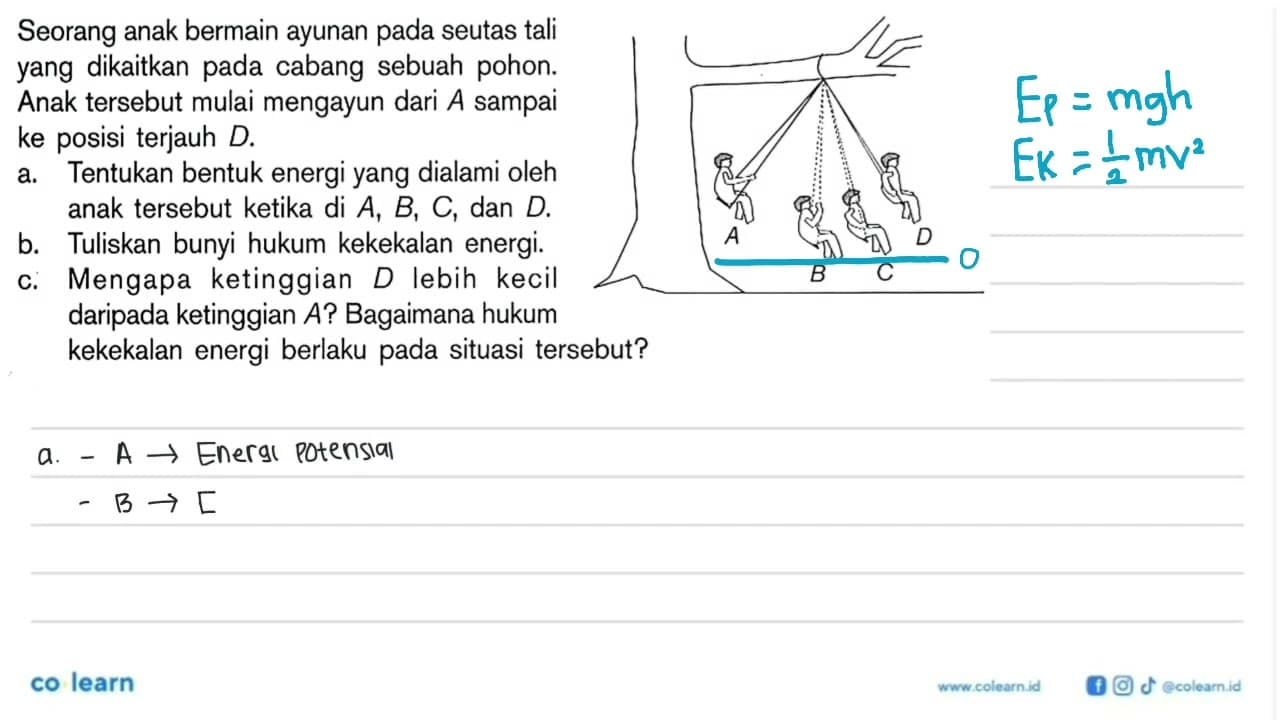 Seorang anak bermain ayunan pada seutas tali yang dikaitkan