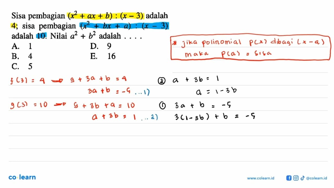 Sisa pembagian (x^2+ax+b):(x-3) adalah 4; sisa pembagian