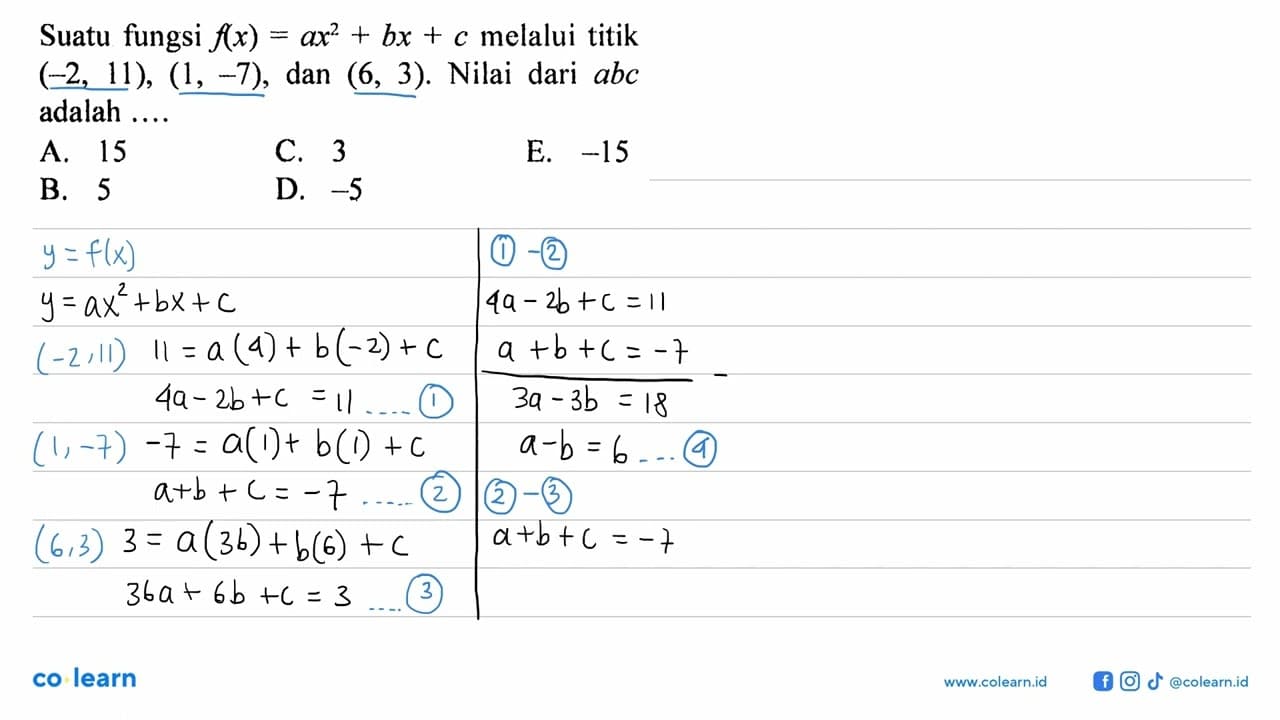 Suatu fungsi f(x)=ax^2+bx+c melalui titik (-2,11),(1,-7) ,