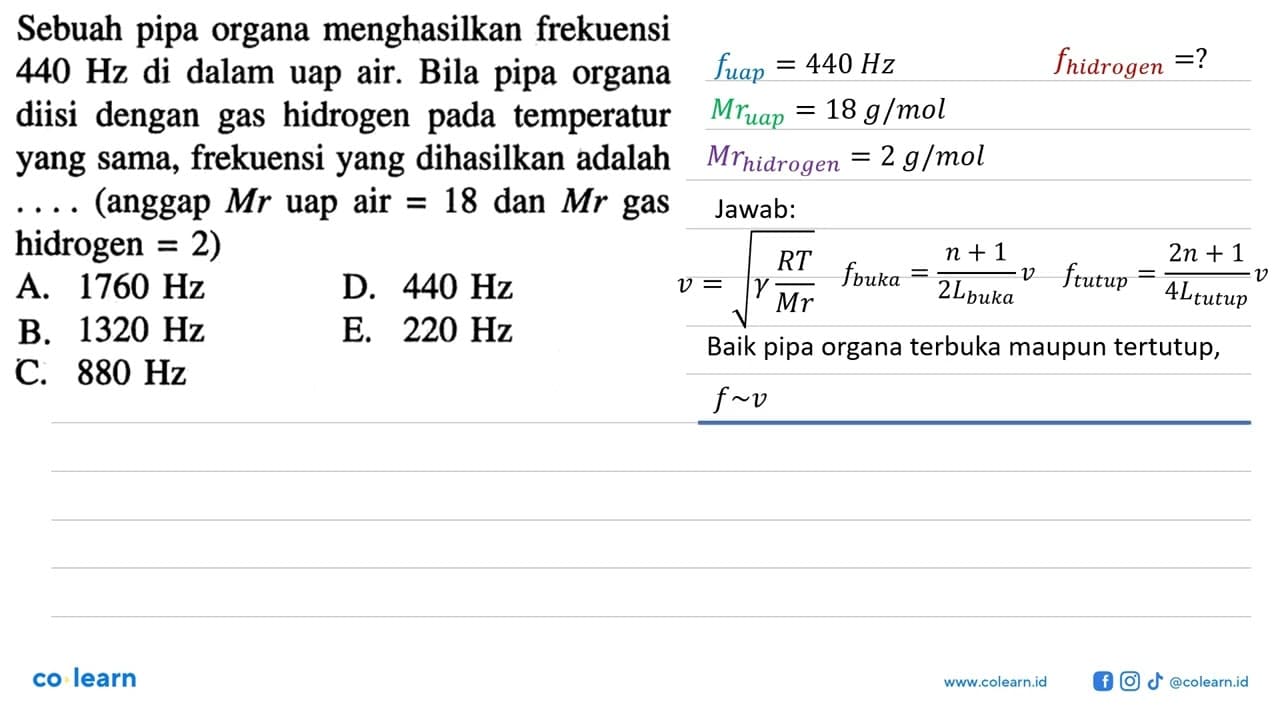 Sebuah pipa organa menghasilkan frekuensi 440 Hz di dalam