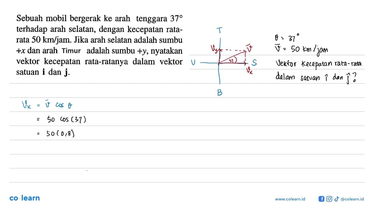 Sebuah mobil bergerak ke arah tenggara 37 terhadap arah