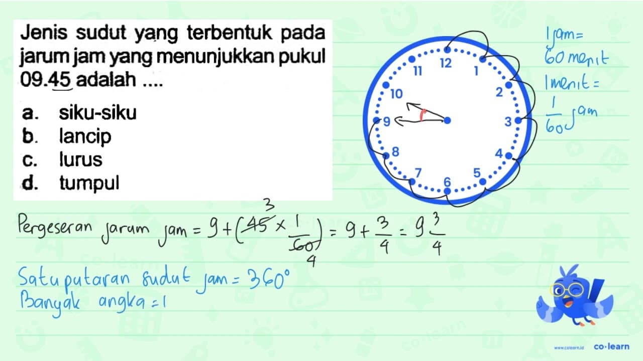 Jenis sudut yang terbentuk pada jarum jam yang menunjukkan