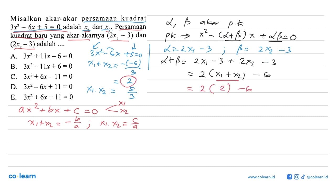 Misalkan akar-akar persamaan kuadrat 3x^2-6x+5=0 adalah x1