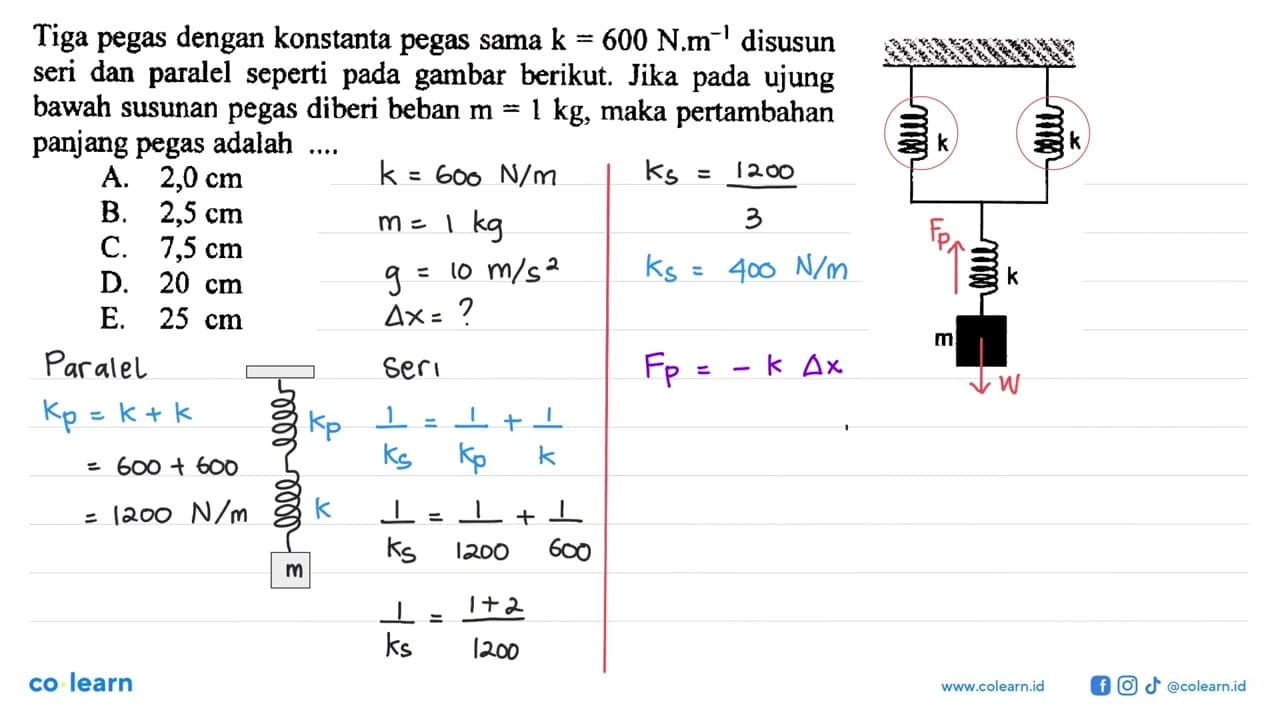 Tiga pegas dengan konstanta pegas sama k=600 N.m^(-1)