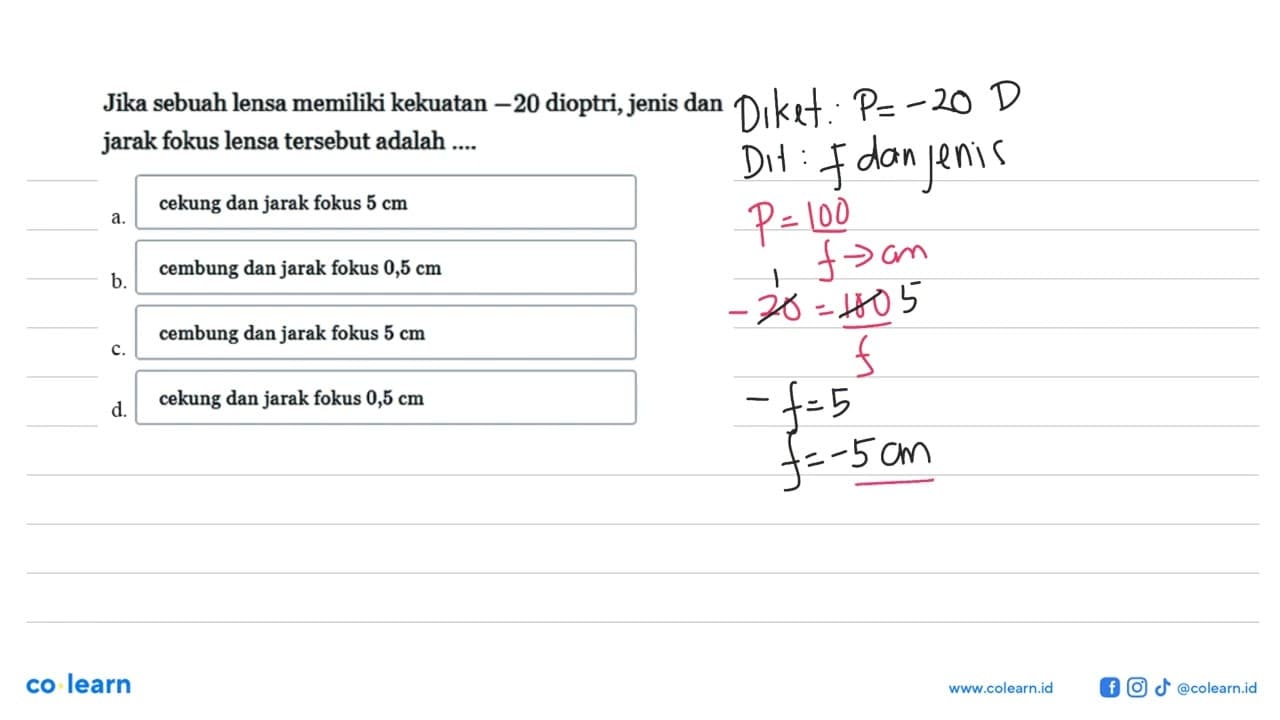 Jika sebuah lensa memiliki kekuatan -20 dioptri, jenis dan