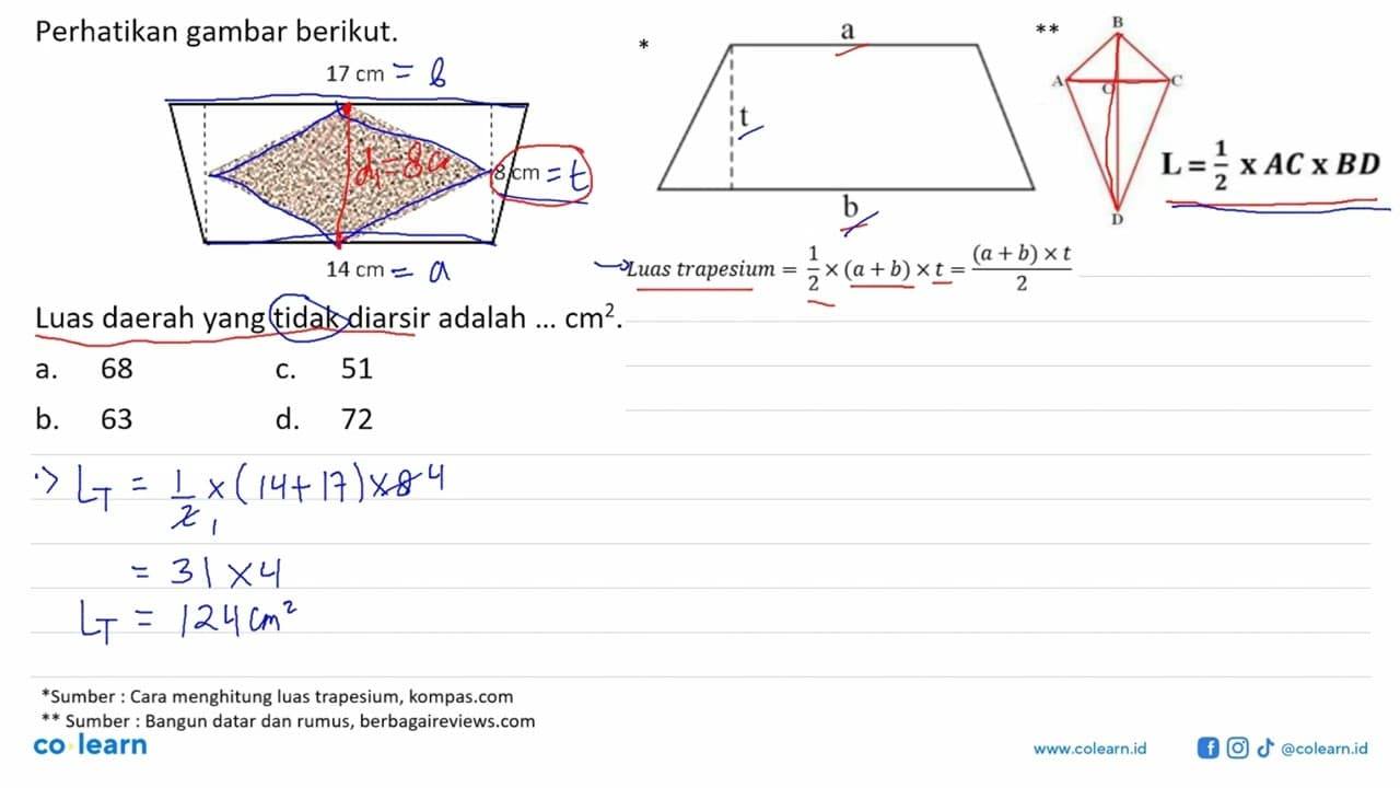 Perhatikan gambar berikut. 17 cm 8 cm 14 cm Luas daerah