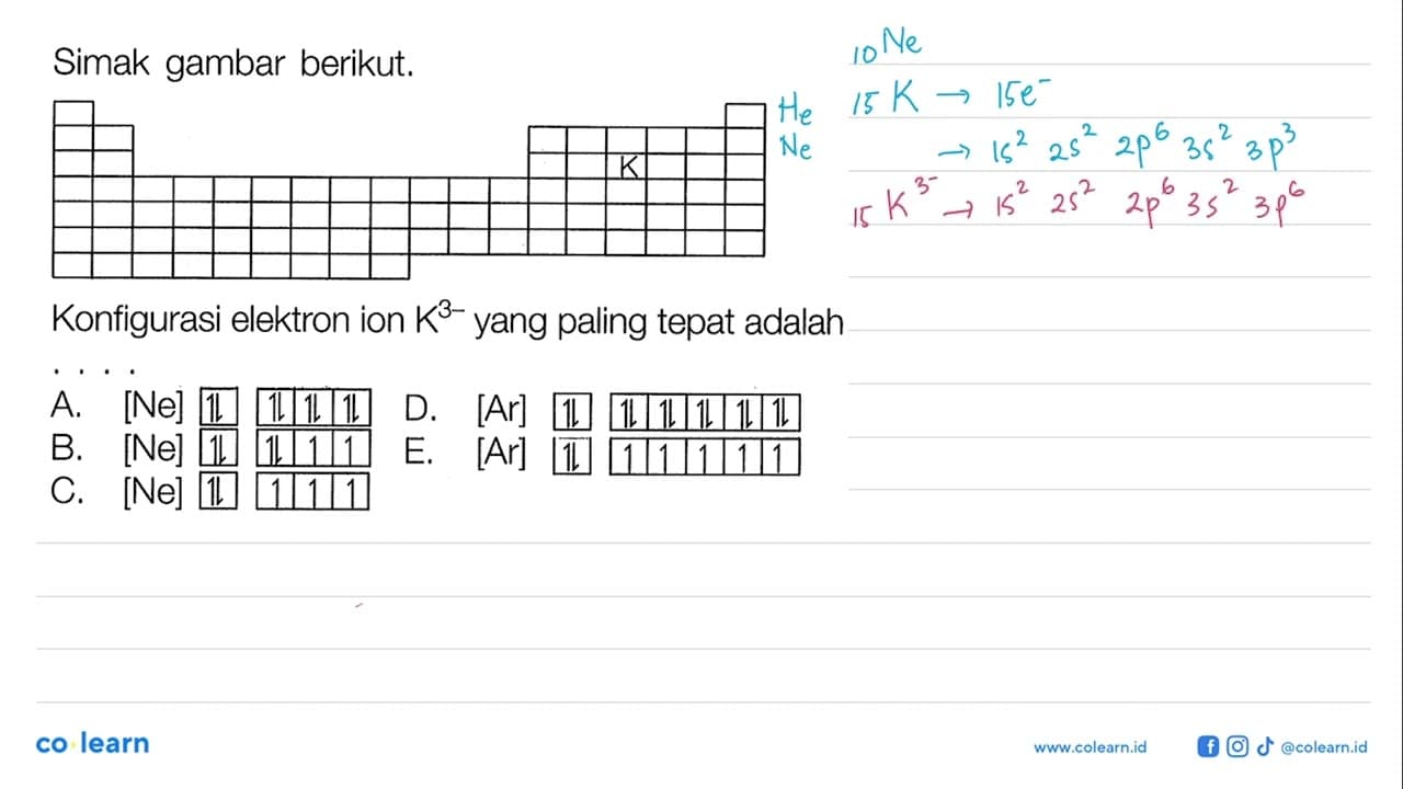 Simak gambar berikut. K Konfigurasi elektron ion K^(3-)