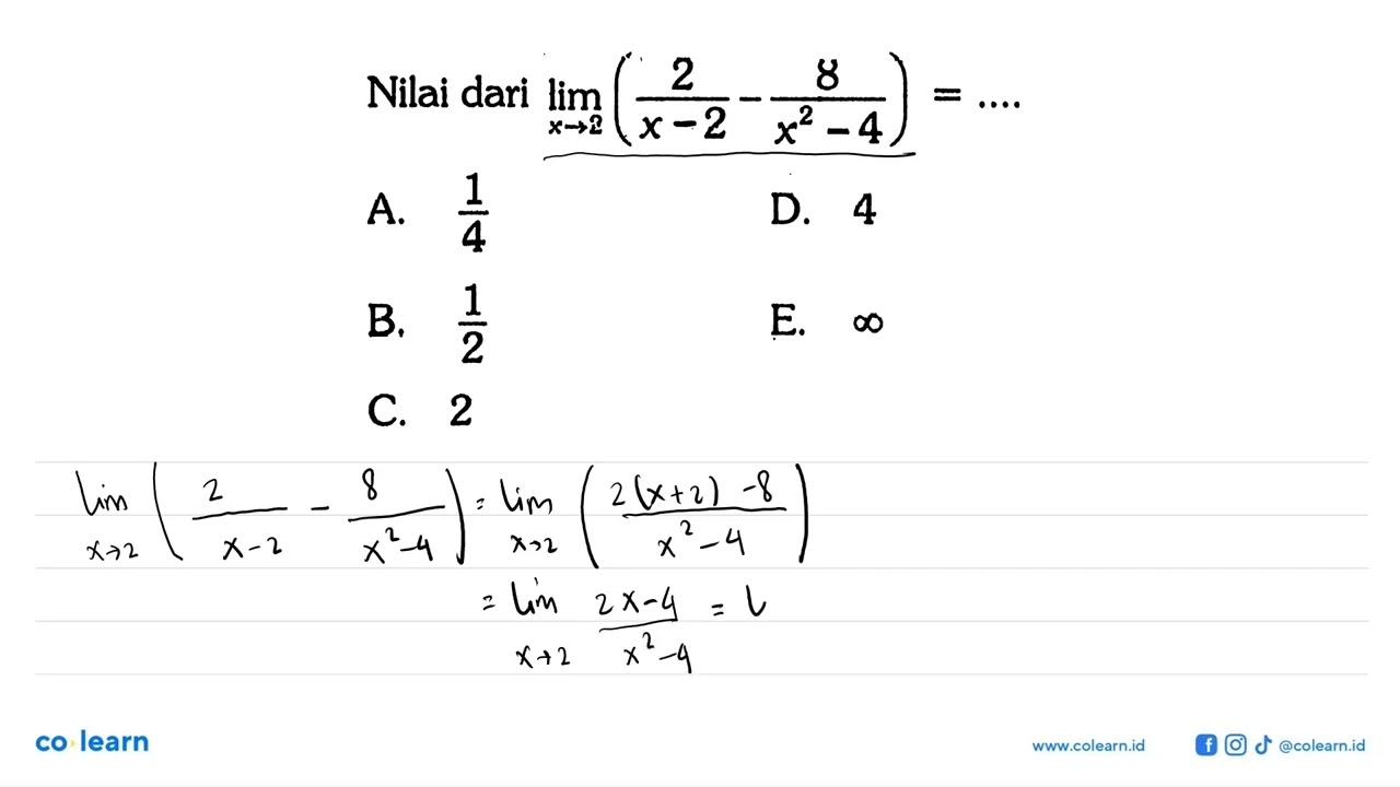 Nilai dari limit x ->2 (2/x^2)-(8/(x^2-4))=....