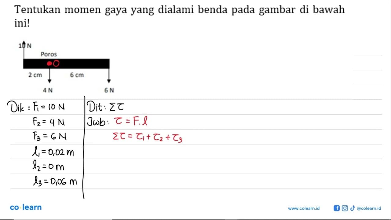 Tentukan momen gaya yang dialami benda pada gambar di bawah