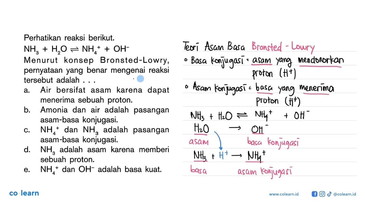 Perhatikan reaksi berikut. NH3+H2O<=>NH4^(+)+OH^(-) Menurut