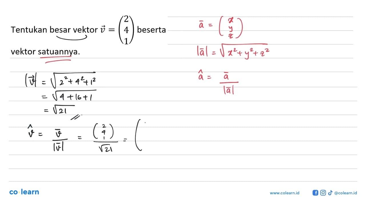 Tentukan besar vektor v=(2 4 1) beserta vektor satuannya.