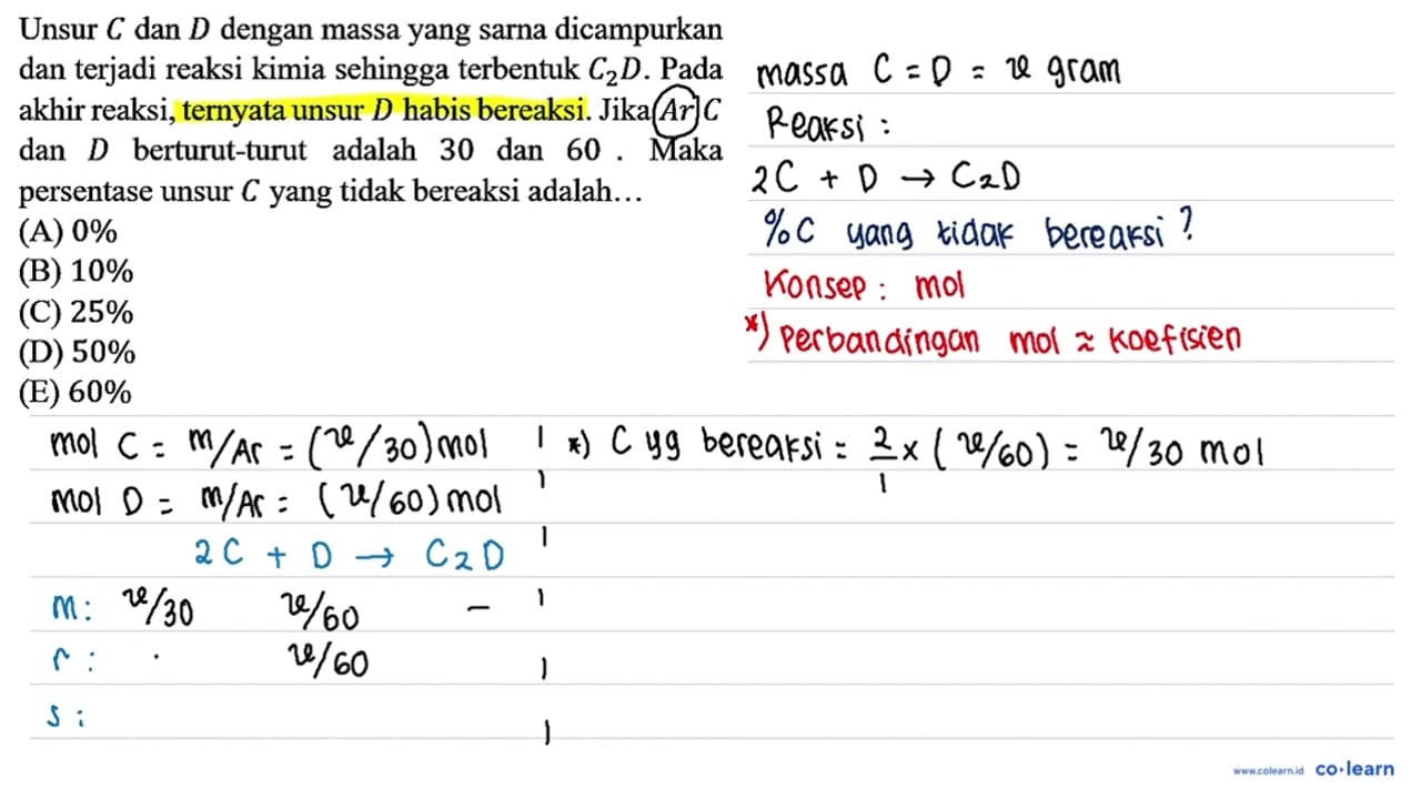 Unsur C dan D dengan massa yang sarna dicampurkan dan