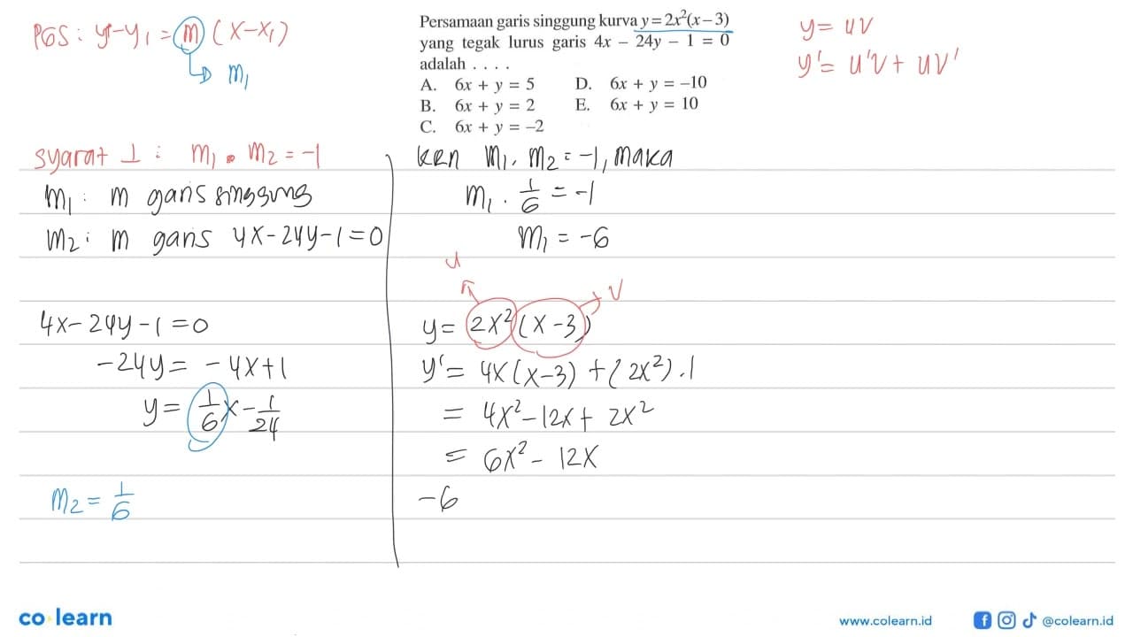 Persamaan garis singgung kurva y =2x^2(x-3) yang tegak