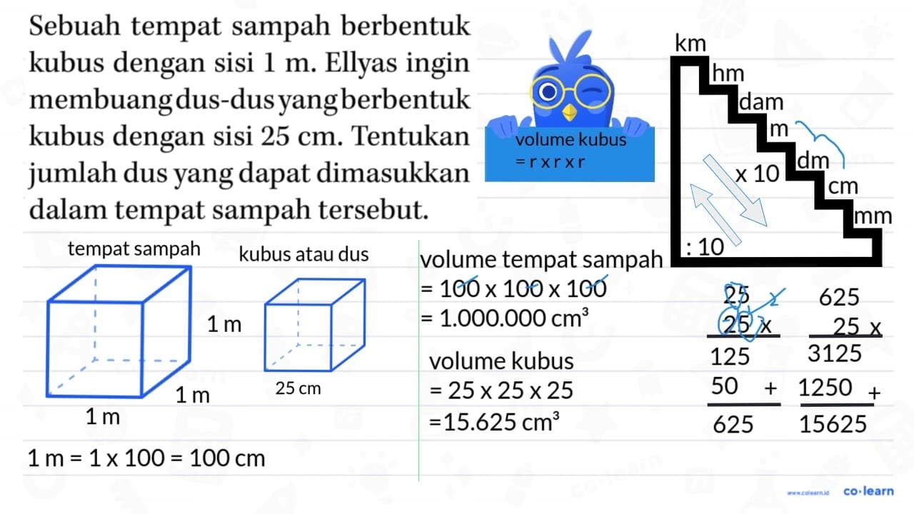 Sebuah tempat sampah berbentuk kubus dengan sisi 1 m.