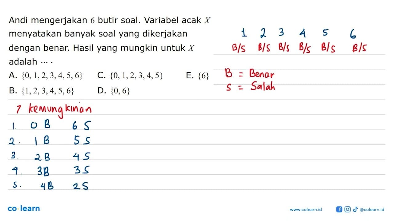 Andi mengerjakan 6 butir soal. Variabel acak X menyatakan