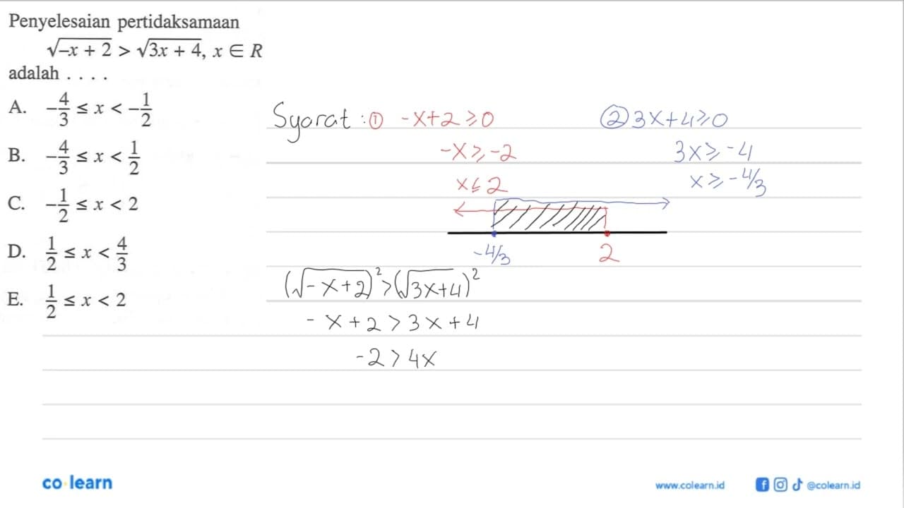 Penyelesaian pertidaksamaan akar(-x +2) > akar(3x + 4),x ER