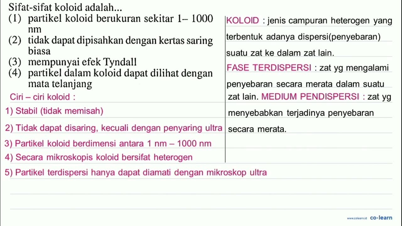 Sifat-sifat koloid adalah... (1) partikel koloid berukuran