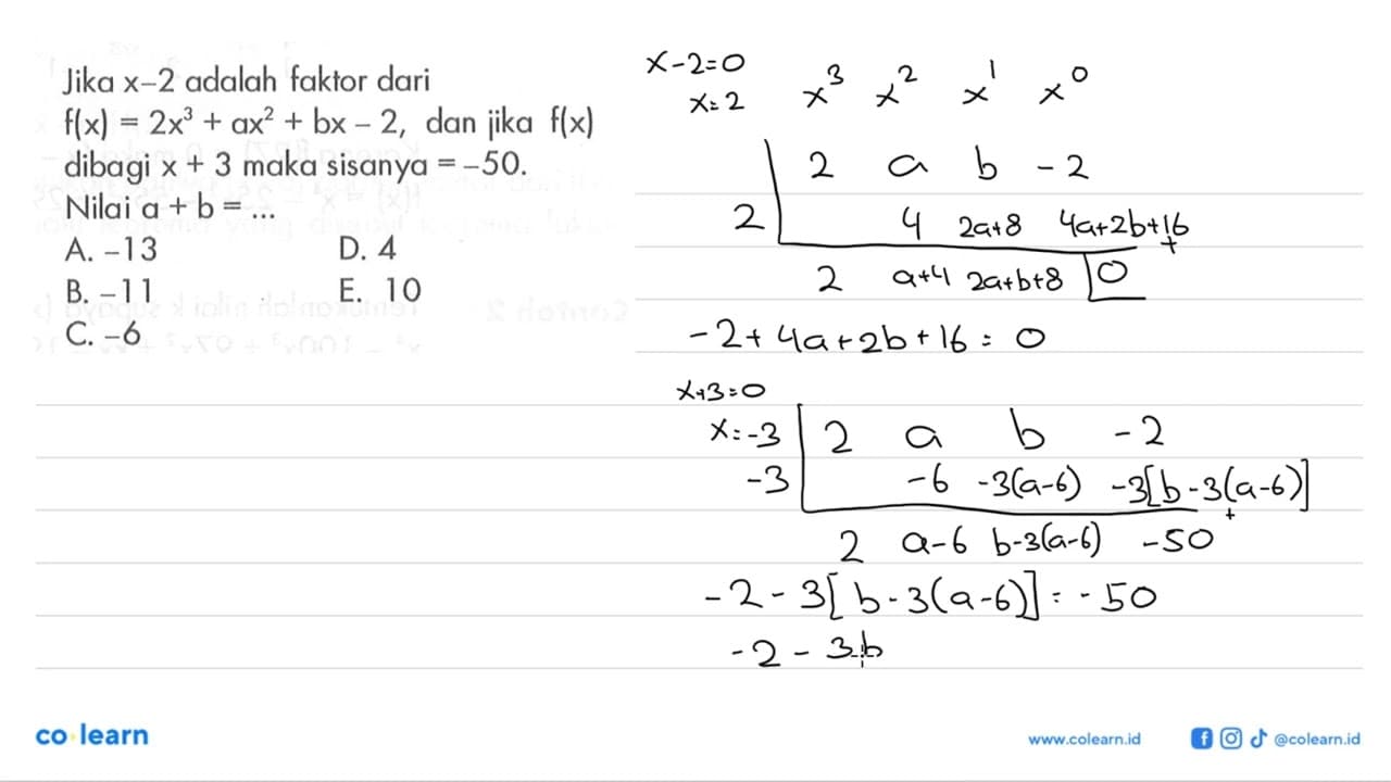 Jika x-2 adalah faktor dari f(x)=2x^3+ax^2+bx-2, dan jika