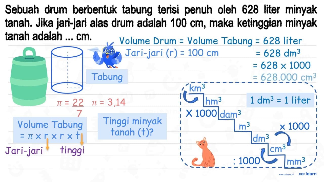 Sebuah drum berbentuk tabung terisi penuh oleh 628 liter