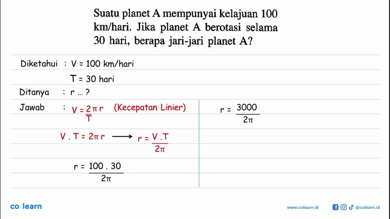 Suatu planet A mempunyai kelajuan 100 km/hari. Jika planet