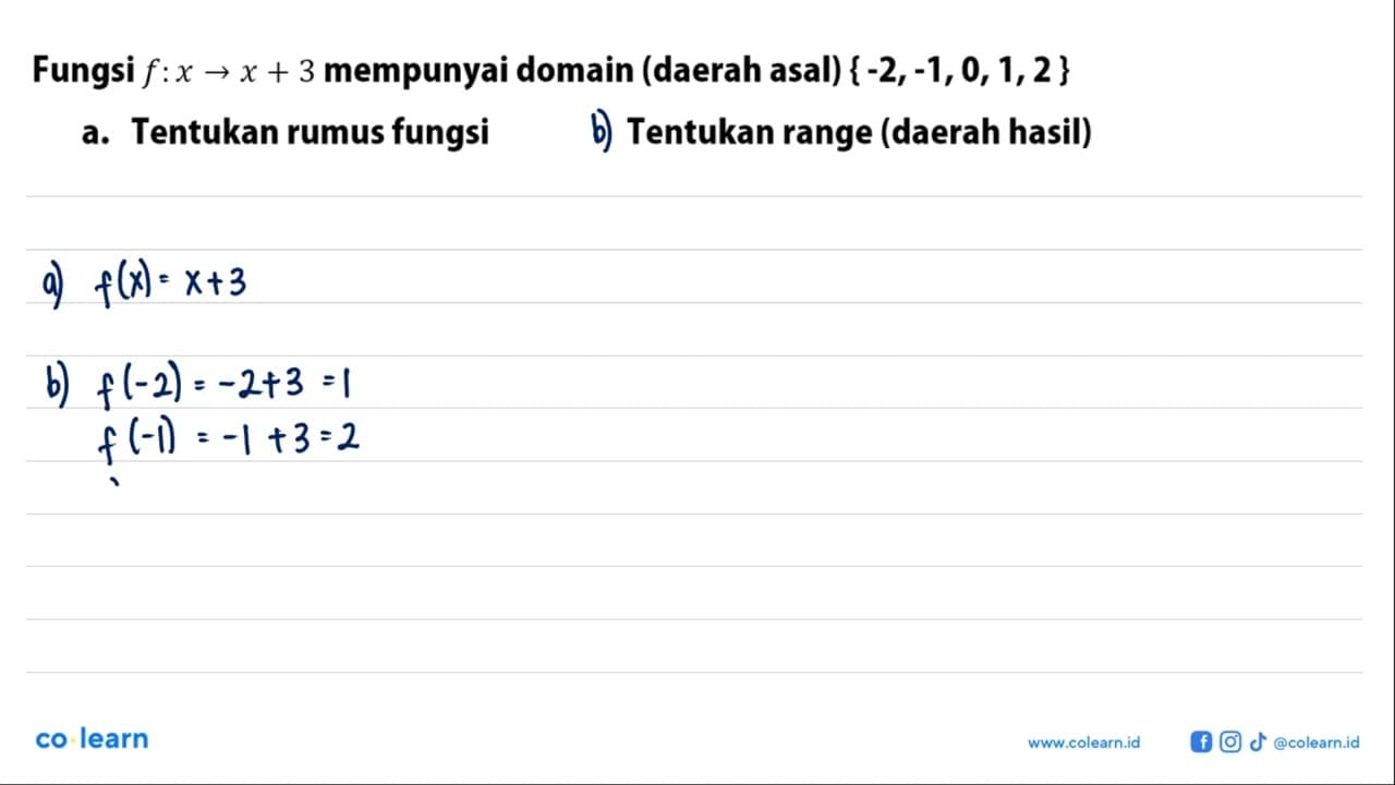 Fungsi f: x -> x + 3 mempunyai domain (daerah asal) {-2,-1,