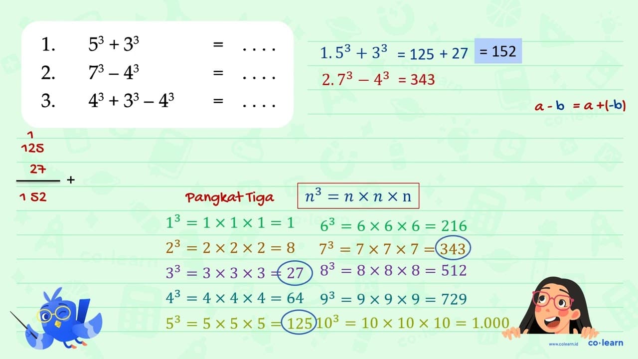 1. 5^3 + 3^3 = . . . . 2. 7^3 - 4^3 = . . . . 3. 4^3 + 3^3